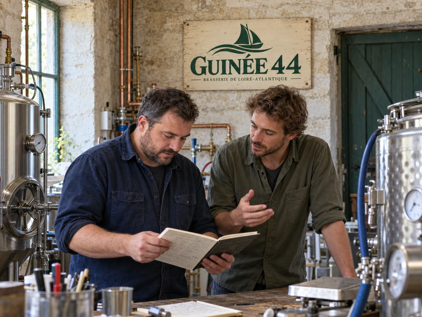 Deux amis autour d’un carnet dans l’atelier Guinée 44