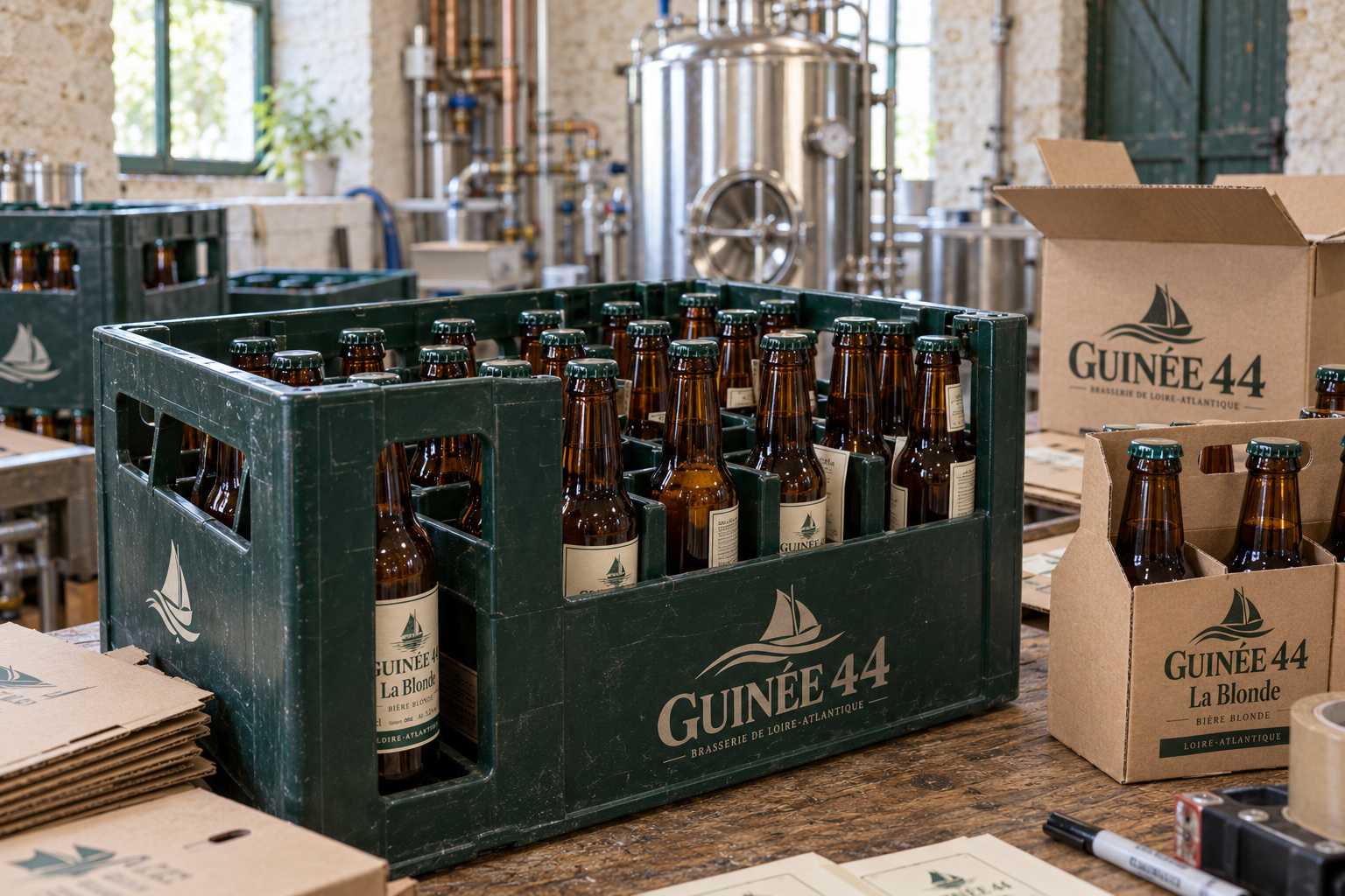Caisses de bouteilles Guinée 44 dans un atelier de brassage