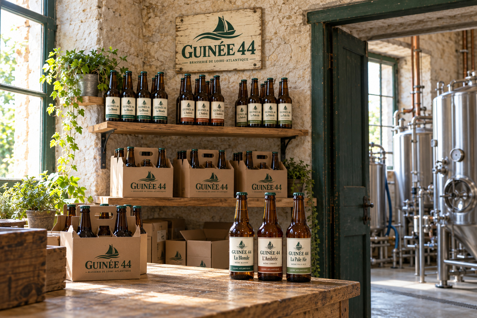 Coin boutique imaginé de Guinée 44, avec bouteilles et coffrets sur des étagères en bois