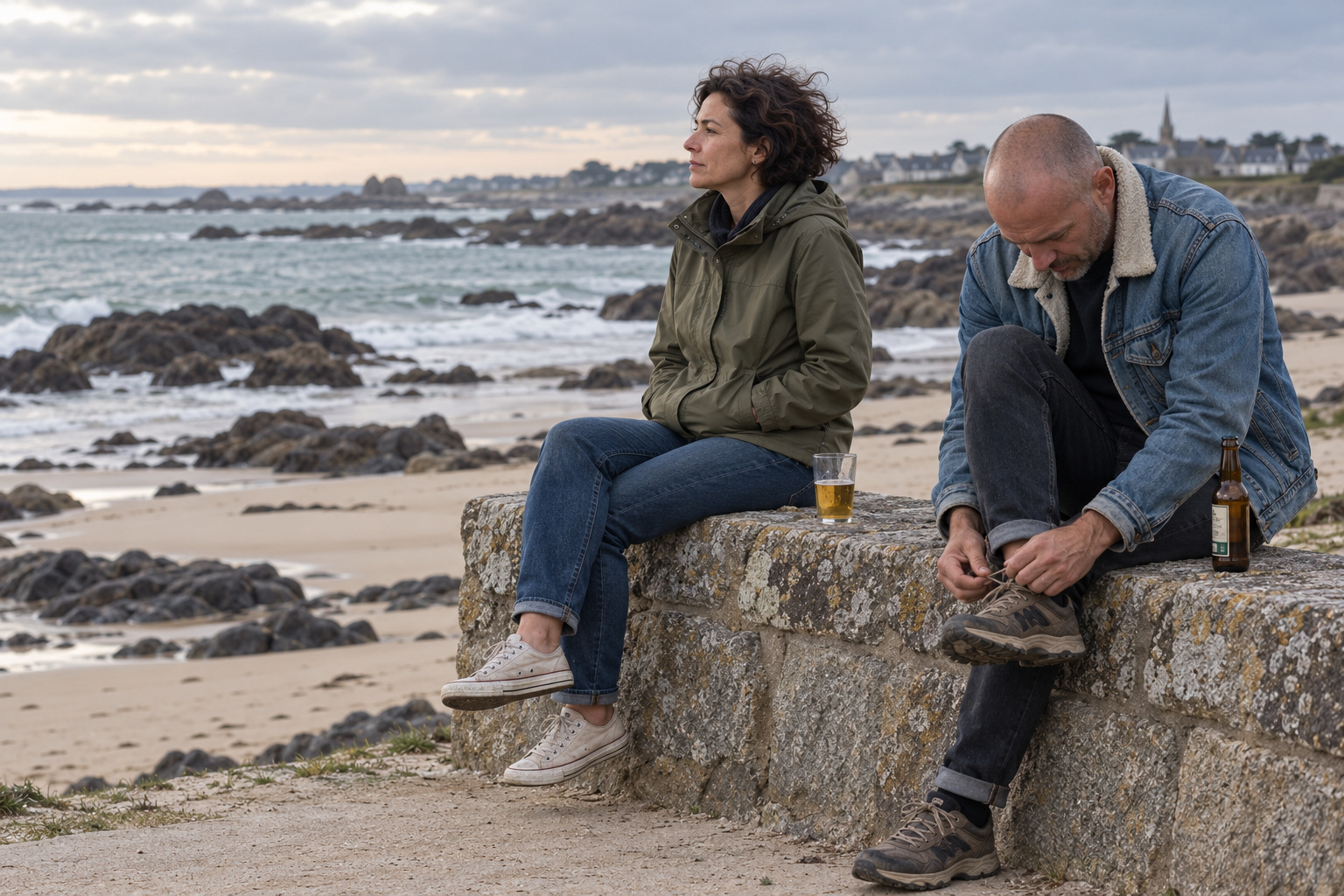 Une femme en veste kaki et un homme en veste en jean assis sur un muret de pierre au bord d’une plage rocheuse, un verre et une bouteille de bière posés près d’eux.