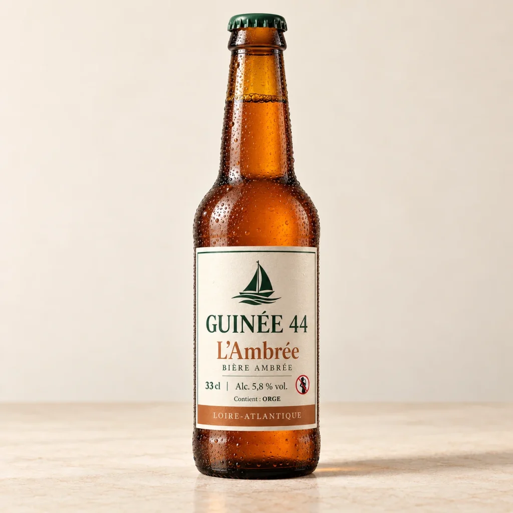 Bouteille de L’Ambrée Guinée 44, bière ambrée 5,8 % vol., 33 cl, sur un fond crème