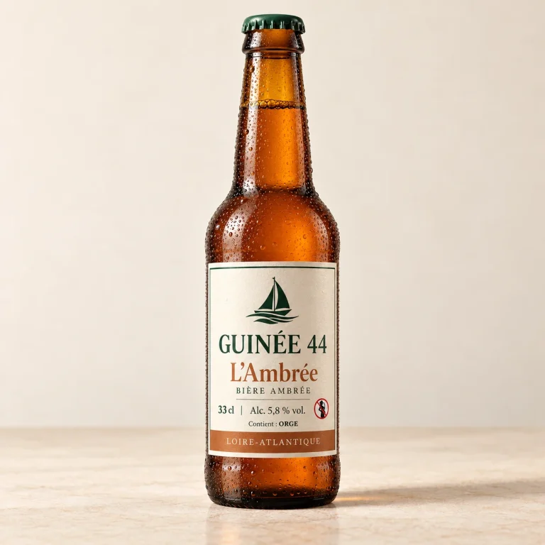 Bouteille de L’Ambrée Guinée 44, bière ambrée 5,8 % vol., 33 cl, sur un fond crème