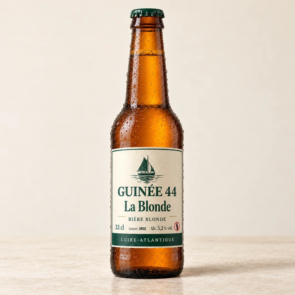 Bouteille de La Blonde Guinée 44, bière blonde 5,2 % vol., 33 cl, sur un fond crème