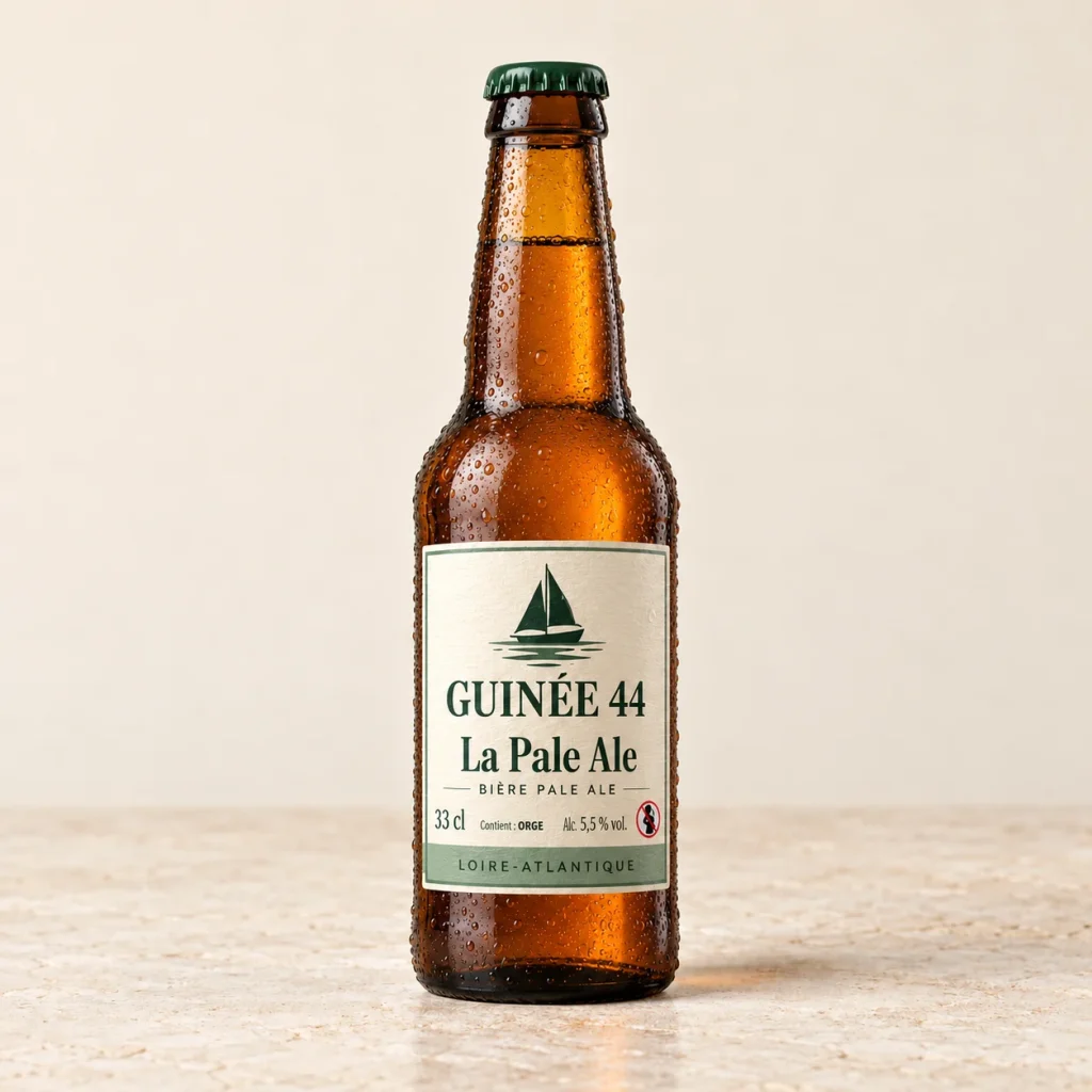 Bouteille de La Pale Ale Guinée 44, bière pale ale 5,5 % vol., 33 cl, sur un fond crème
